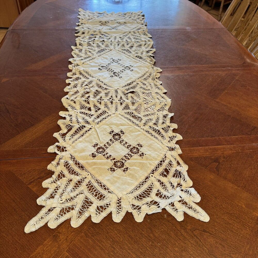 Antique Table Runner Dresser Scarf 50” X 15” Battenburg Lace hand stitched